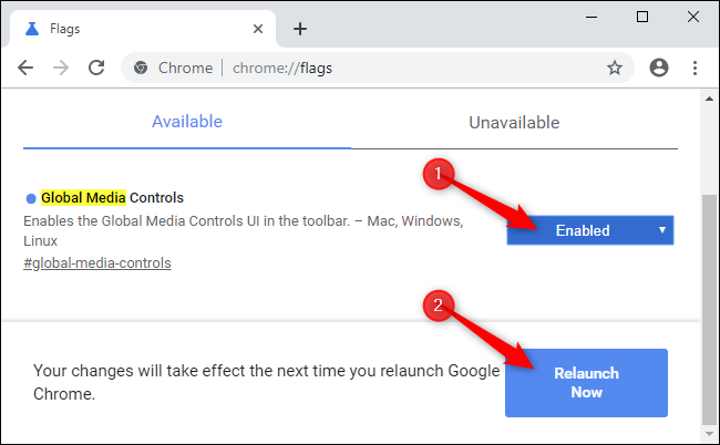 Relanzamiento de Chrome después de habilitar una bandera.