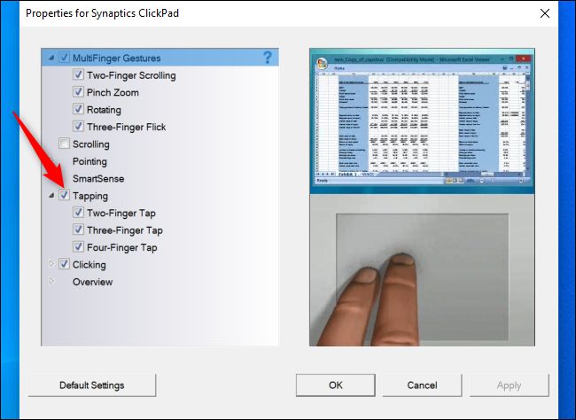 Desactivación de pulsar para hacer clic en la ventana de configuración del panel táctil Synaptics.