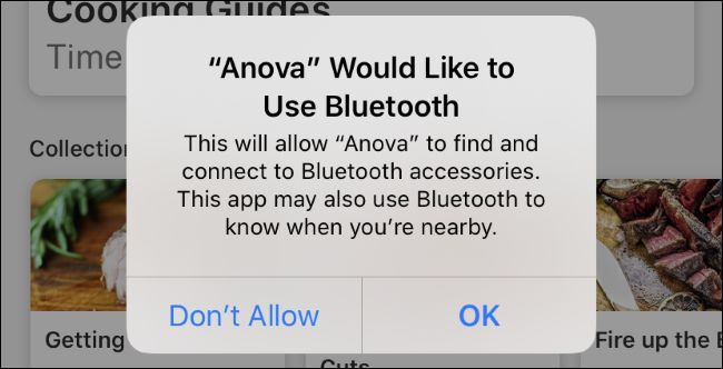 El mensaje de solicitud de permiso de Bluetooth genérico de la aplicación Anova en iOS 13.