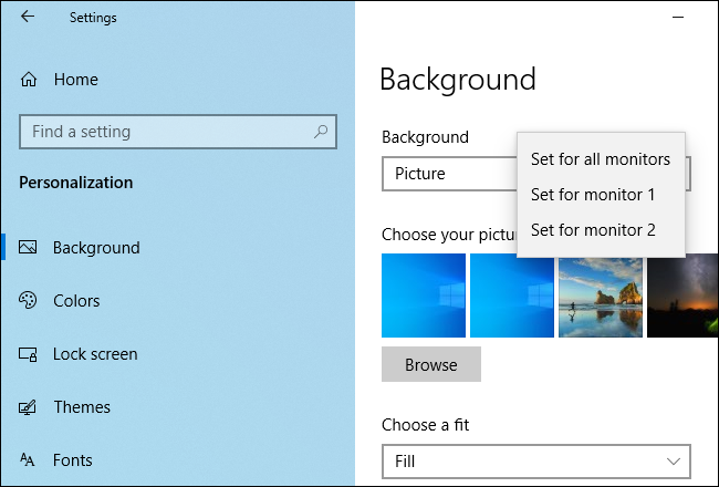 Configurar diferentes fondos de pantalla para diferentes monitores en Windows 10.