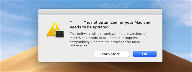 El mensaje de advertencia de la aplicación de 32 bits en macOS Mojave.