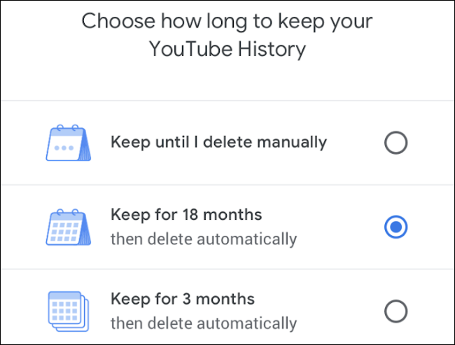 Controles de eliminación automática del historial de YouTube.