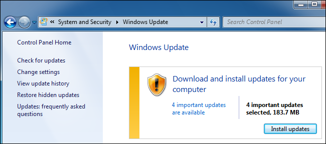 Windows Update en el Panel de control de Windows 7.