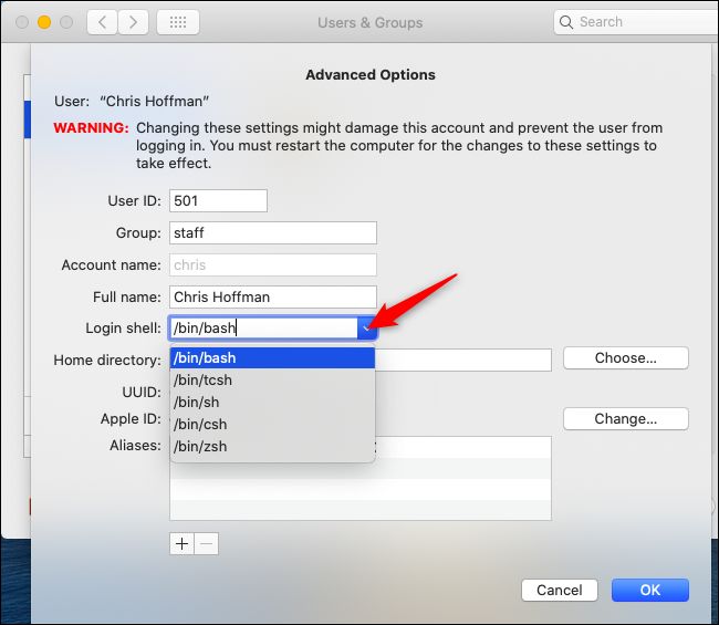 Cambiar el shell de inicio de sesión predeterminado gráficamente en macOS Catalina.