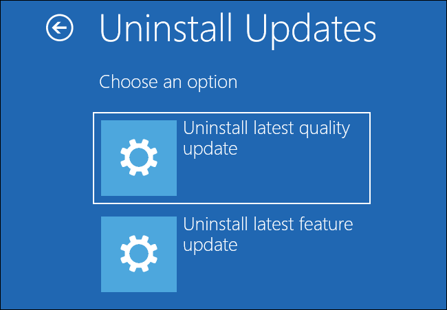 Desinstalación de actualizaciones del menú de opciones de inicio avanzadas de Windows 10.