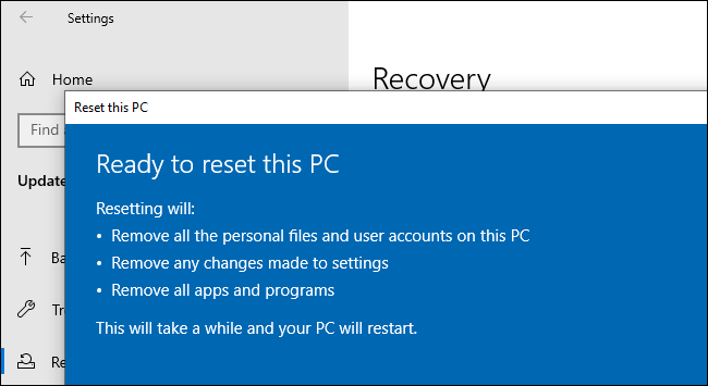 Restablecer una PC desde la aplicación Configuración de Windows 10.