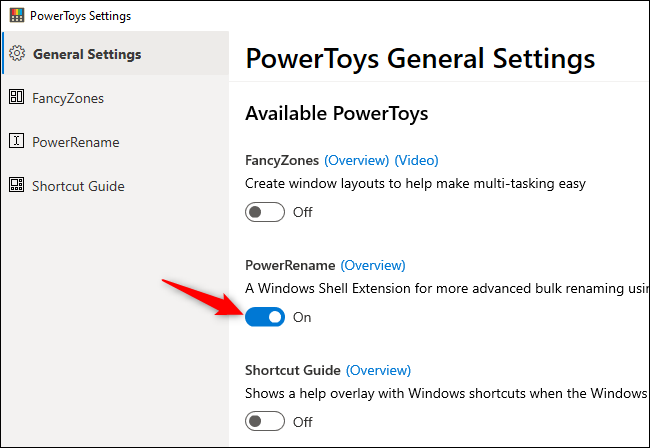 Habilitación de la extensión de shell de Windows PowerRename en Configuración de PowerToys.