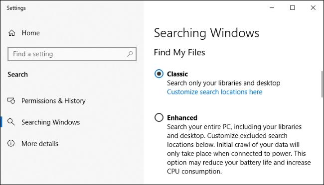 Configuración de indexación de Windows 10.