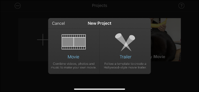 El menú "Nuevo proyecto" en iMovie.