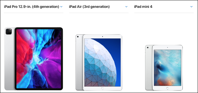 Un iPad Pro, iPad Air y iPad mini 2020 de 12,9 pulgadas.