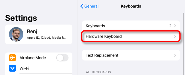 Toque "Teclado de hardware" en la configuración del teclado del iPad.