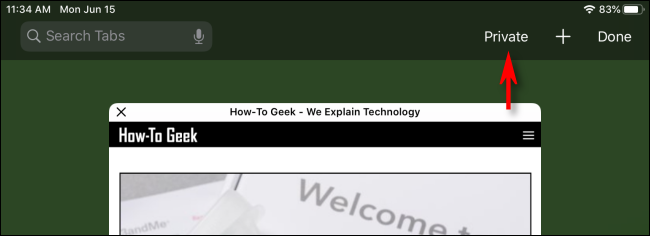 Toca Privado en Safari en iPad