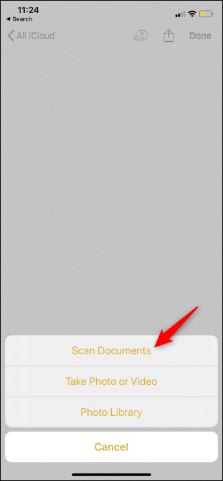 El icono "Escanear documentos" en la aplicación Notas del iPhone.