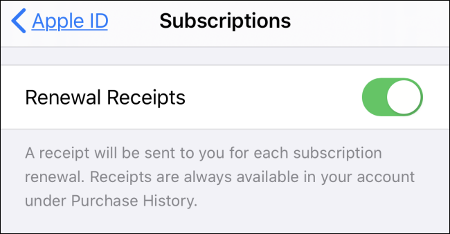 La configuración de "Recibos de renovación" en "Suscripciones" en un iPhone.
