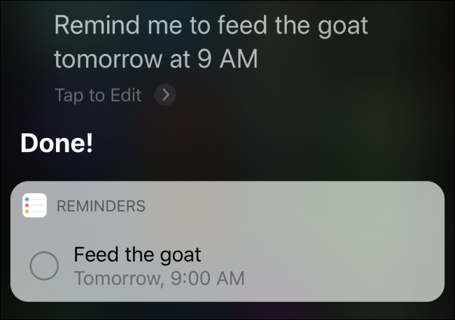 Siri confirmando un recordatorio para "alimentar a la cabra mañana a las 9 a. M." 