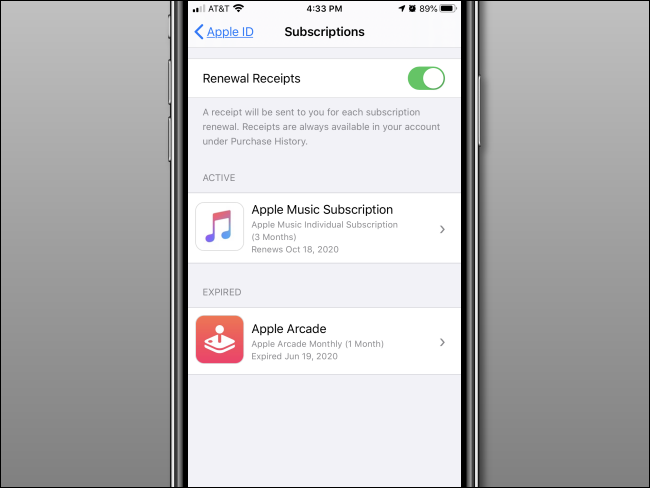 El menú "Suscripciones" en un iPhone.