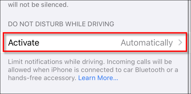 En la configuración de "No molestar" del iPhone, toca "Activar".