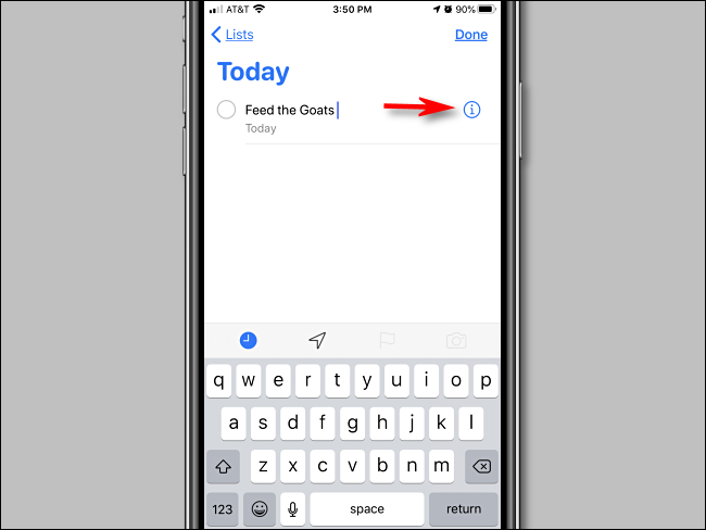 Toque el botón de información en la aplicación Recordatorios en iPhone