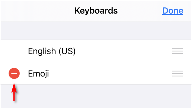 Toque el círculo rojo para eliminar el teclado Emoji en Configuración en iPhone