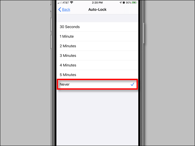 Toque "Nunca" en la configuración de "Bloqueo automático" en la configuración del iPhone.
