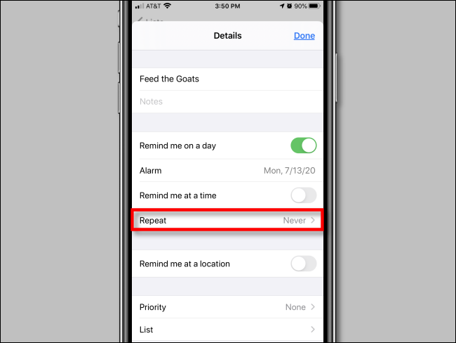 Toque Repetir en las opciones de recordatorio en la aplicación Recordatorios en iPhone
