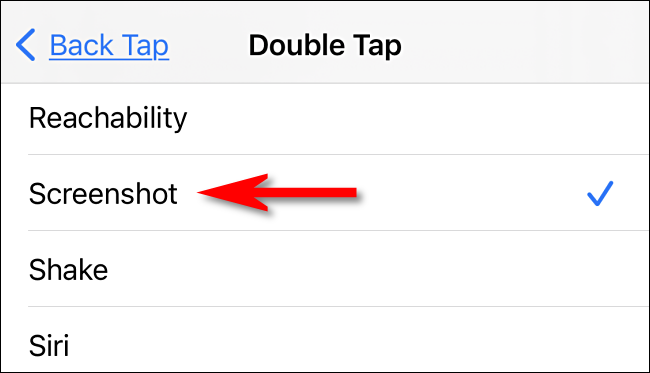 En la configuración de Back Tap, seleccione "Captura de pantalla" en el iPhone.