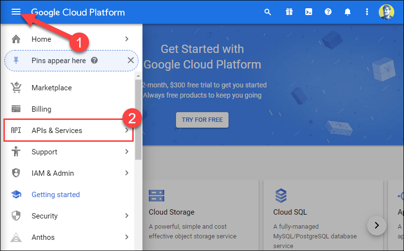 Haga clic en el menú de hamburguesas y luego seleccione "API y servicios".