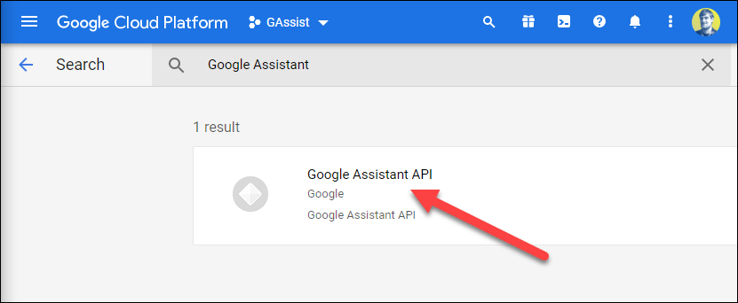 Haga clic en la opción "API del Asistente de Google" cuando aparezca.