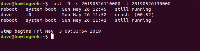 último -R -s 20190526110000 -t 20190527130000 en una ventana de terminal