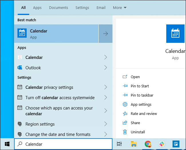 Iniciar la aplicación Calendario de Windows 10 desde el menú Inicio.