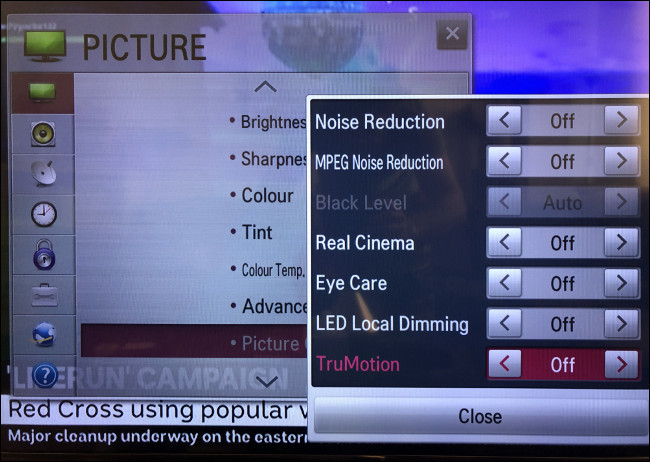 El ajuste "TruMotion" se desactivó en el menú "Imagen" en un televisor LG.
