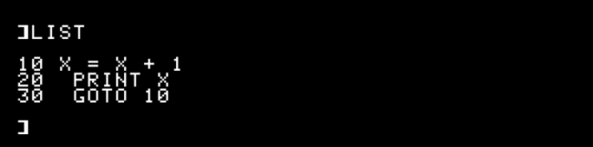 La "Lista" del programa "10 X = X + 1", "20 PRINT X" y "30 GOTO 10" BASIC en Apple II.