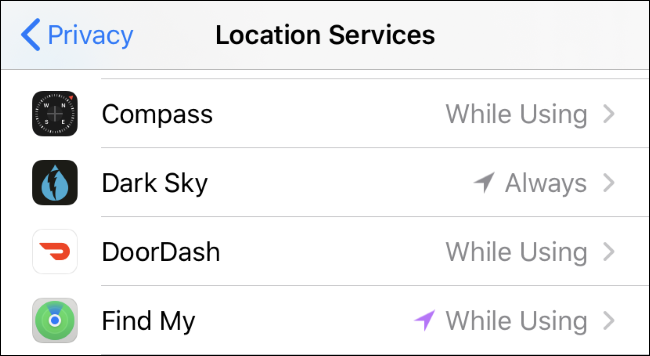 Opciones de permisos de ubicación en un iPhone.