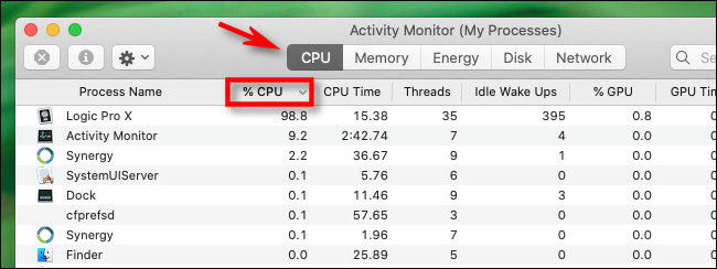 En Activity Monitor, haga clic en la pestaña CPU y en el encabezado de la columna "% CPU".