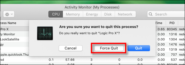 En Monitor de actividad en Mac, seleccione "Forzar salida".