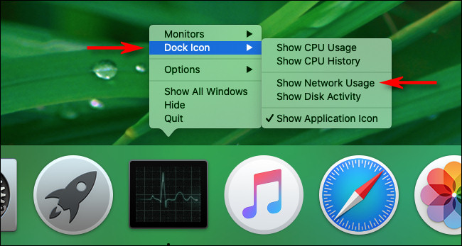 Seleccione "Mostrar uso de red" en las opciones del Dock del Monitor de actividad de Mac