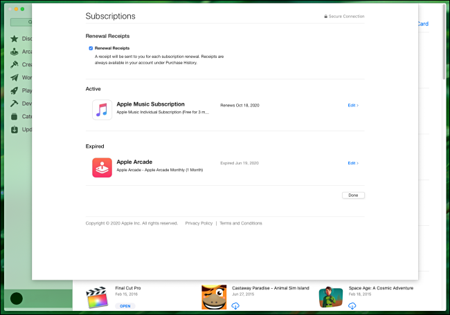 El menú "Suscripciones" en la Mac App Store.