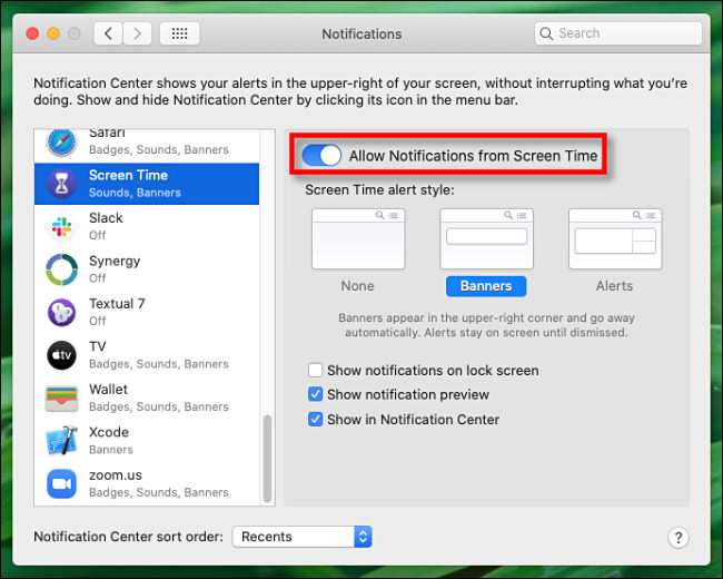 En las preferencias de notificaciones para el tiempo de pantalla, haga clic en "Permitir notificaciones desde el tiempo de pantalla" para desactivarlo.