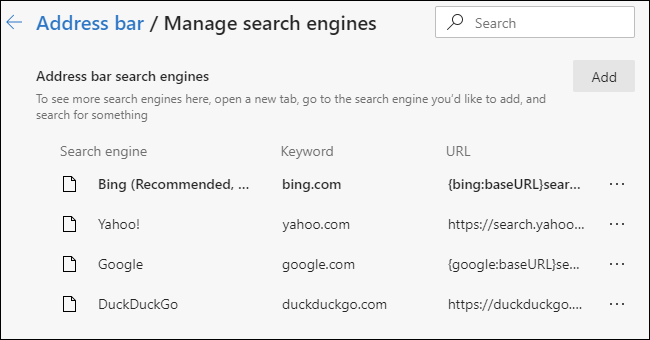 Administrar la lista de motores de búsqueda disponibles en el navegador Edge basado en Chromium.