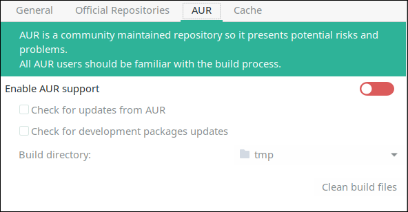 La configuración de soporte AUR está desactivada (por defecto).