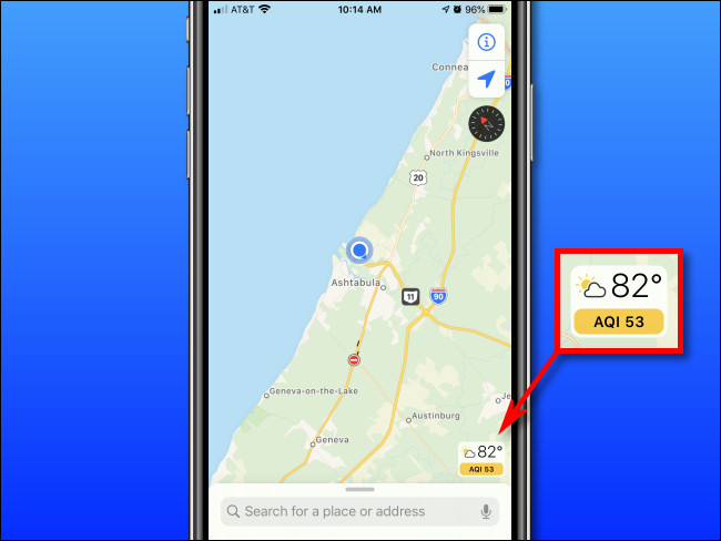 Comprobación del índice de calidad del aire (AQI) en un iPhone con Apple Maps.