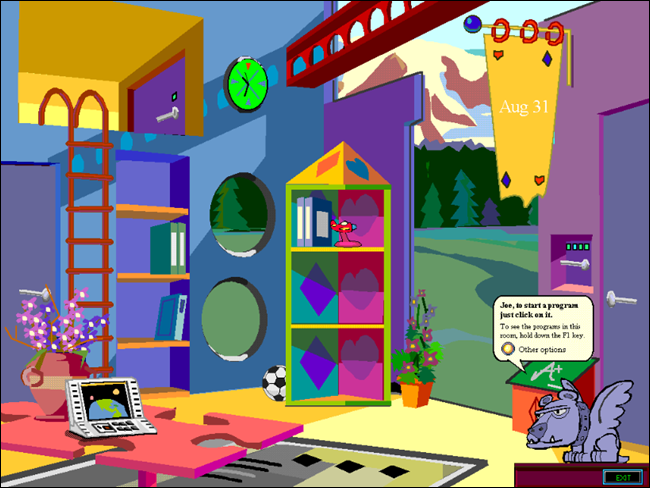 El dormitorio de la infancia de Joe y la guía personal de la gárgola en Microsoft Bob. 