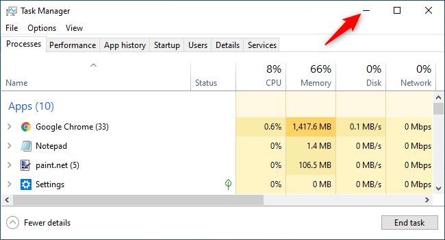Minimizar el Administrador de tareas y ocultarlo de la barra de tareas de Windows 10.
