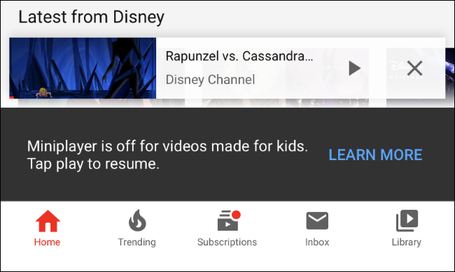El mensaje "Minirreproductor está desactivado para videos hechos para niños" en la aplicación de iPhone de YouTube.
