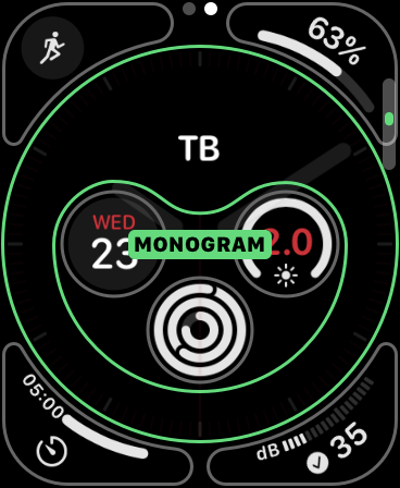 Una complicación de monograma en Apple Watch.