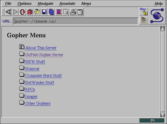 Un "Menú de Gopher" en NCSA Mosaic.