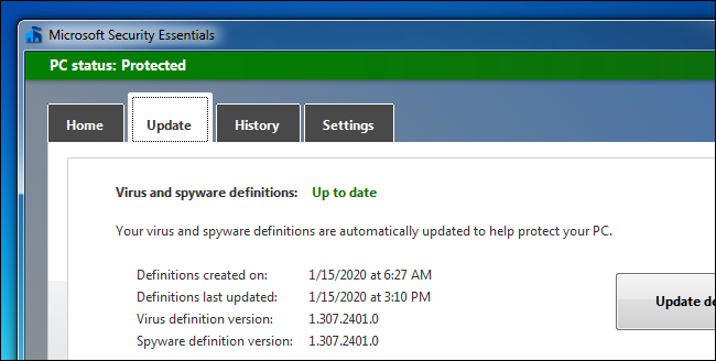 Microsoft Security Essentials sigue recibiendo actualizaciones de definiciones en Windows 7.