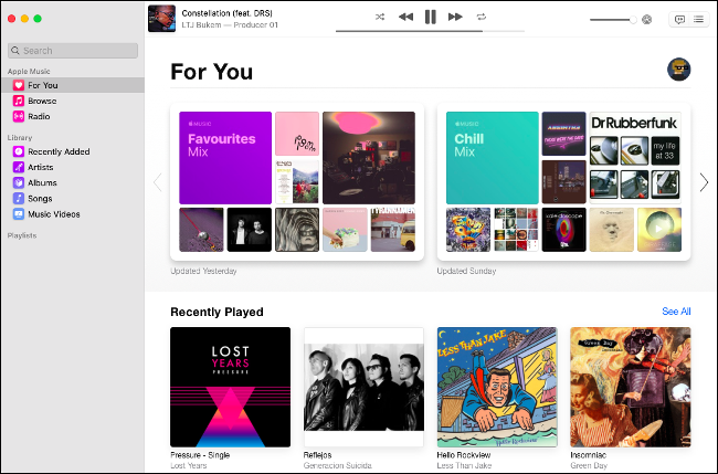 El menú "Para ti" de la aplicación Apple Music en macOS Catalina.