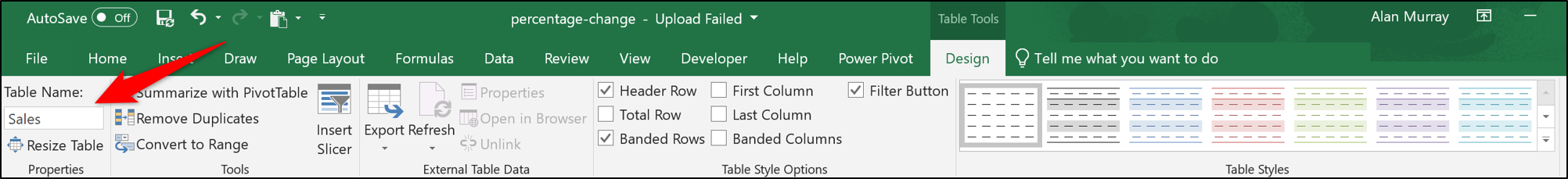 Nombra la tabla en Excel