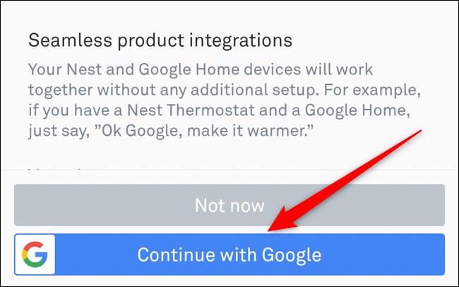 Aplicación Nest Seleccione Continuar con Google